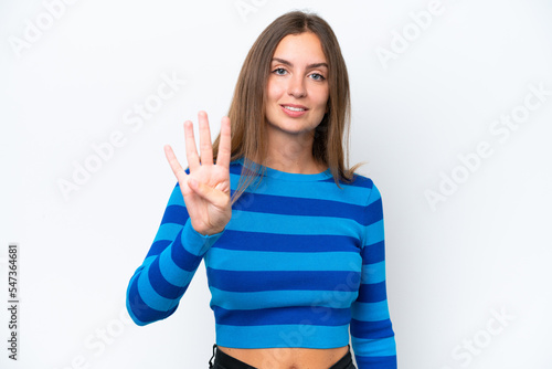 Young caucasian woman isolated on white background happy and counting four with fingers
