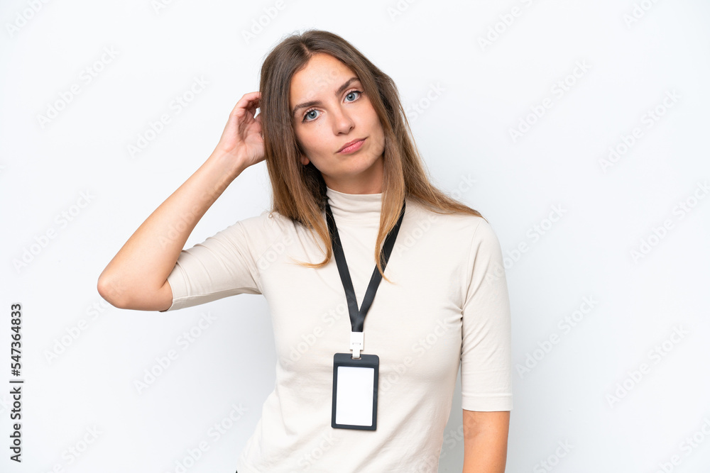 Young pretty woman with ID card isolated on white background having doubts Young pretty woman with ID card isolated on white background having doubts