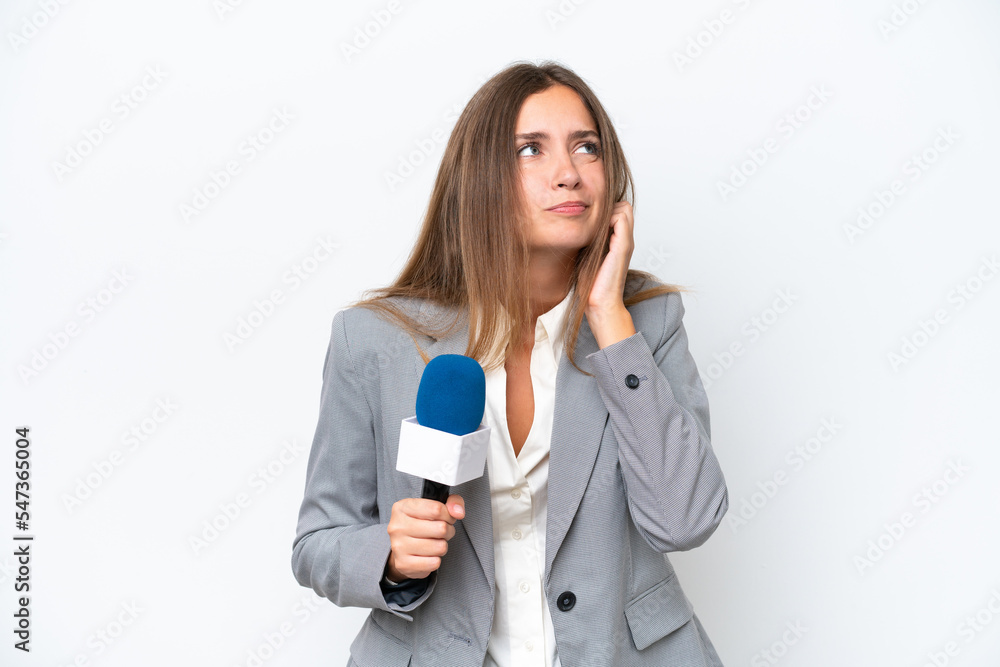 Young TV presenter caucasian woman isolated on white background frustrated and covering ears Young TV presenter caucasian woman isolated on white background frustrated and covering ears