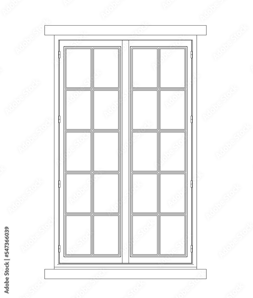 Architectural image elevation of 2D modern house windows. Image produced using CAD in black and white. Usually this type of window frame is made of aluminum. Architectural image elevation of 2D modern house windows. Image produced using CAD in black and white. Usually this type of window frame is made of aluminum.