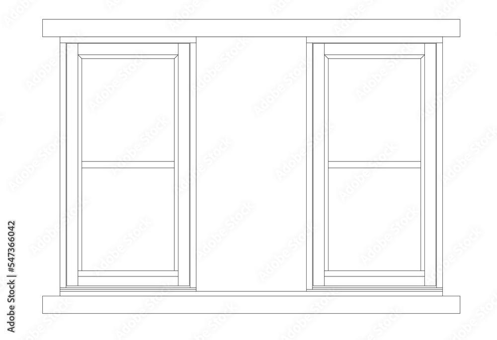 Architectural image elevation of 2D modern house windows. Image produced using CAD in black and white. Usually this type of window frame is made of aluminum. Architectural image elevation of 2D modern house windows. Image produced using CAD in black and white. Usually this type of window frame is made of aluminum.