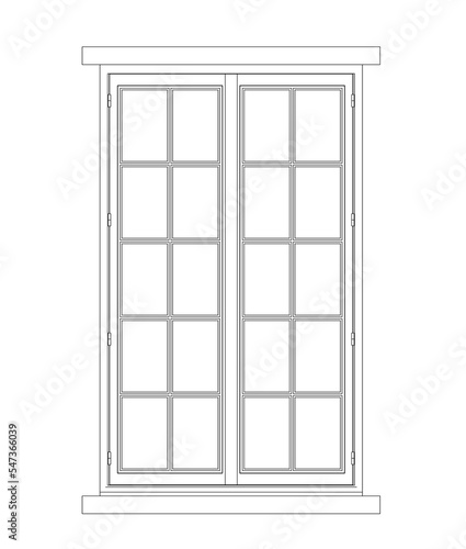 Architectural image elevation of 2D modern house windows. Image produced using CAD in black and white. Usually this type of window frame is made of aluminum.