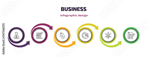 business infographic template with icons and 6 step or option. business icons such as chief executive officer, measuring success, sale tag, globe analytics, multitasking woman, bailment vector. can