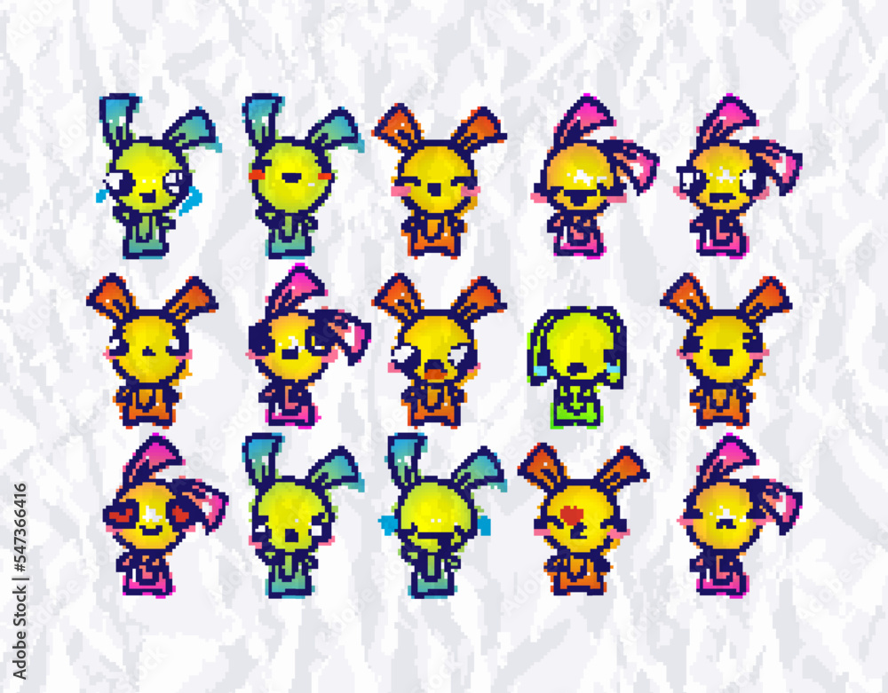Set of Rustic Rabbits with Emoticons. Doodle faces, eyes and mouth. Caricature comic expressive emotions, smiling, crying and surprised character face expressions Set of Rustic Rabbits with Emoticons. Doodle faces, eyes and mouth. Caricature comic expressive emotions, smiling, crying and surprised character face expressions