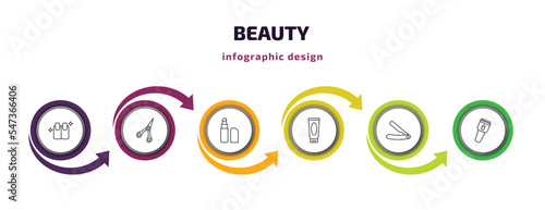 beauty infographic template with icons and 6 step or option. beauty icons such as finger with nail, manicure scissors, inclined lipstick, cream tube, straight razor, hair clipper vector. can be used