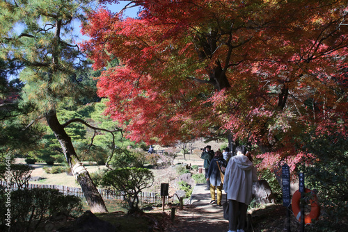 秋の六義園。紅葉の下を歩く人々。