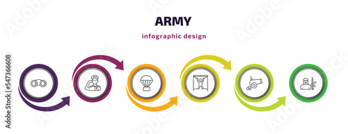 army infographic template with icons and 6 step or option. army icons such as binoculars, salute, parachute, torture, artillery, terrorist vector. can be used for banner, info graph, web,