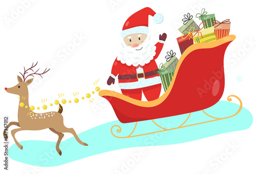 Christmas reindeer with sleigh, Santa Claus and gifts