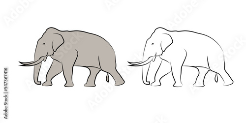 Black line drawing of an elephant on a white background isolated.