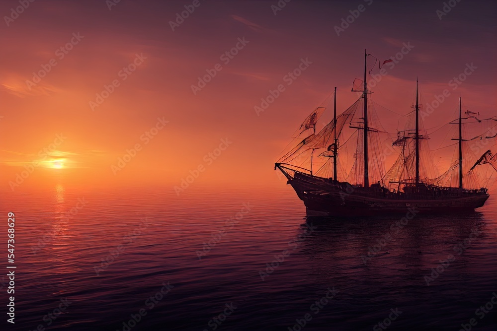 illustration of a old ship at sunset at sea