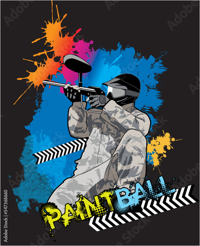 Paintball player in uniform with guns bright splashes background