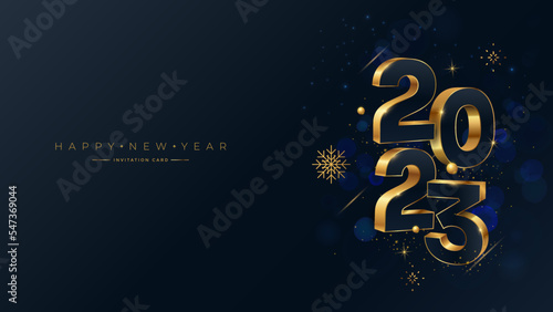 Happy New Year 2023 gold numbers typography greeting card design. Merry Christmas invitation poster with golden decoration elements.