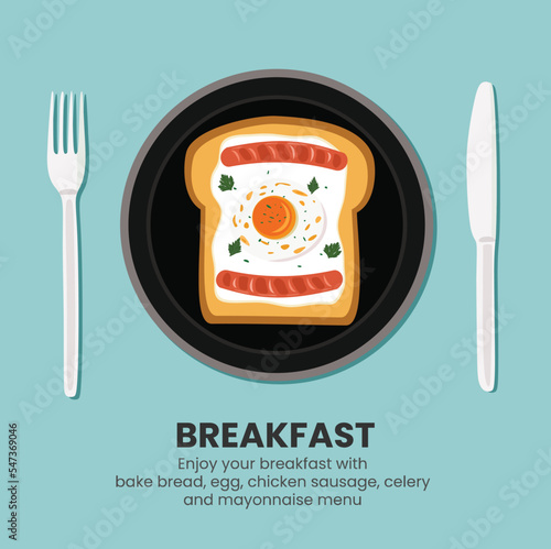 Breakfast with egg, chicken sausage, celery, bread and mayonnaise