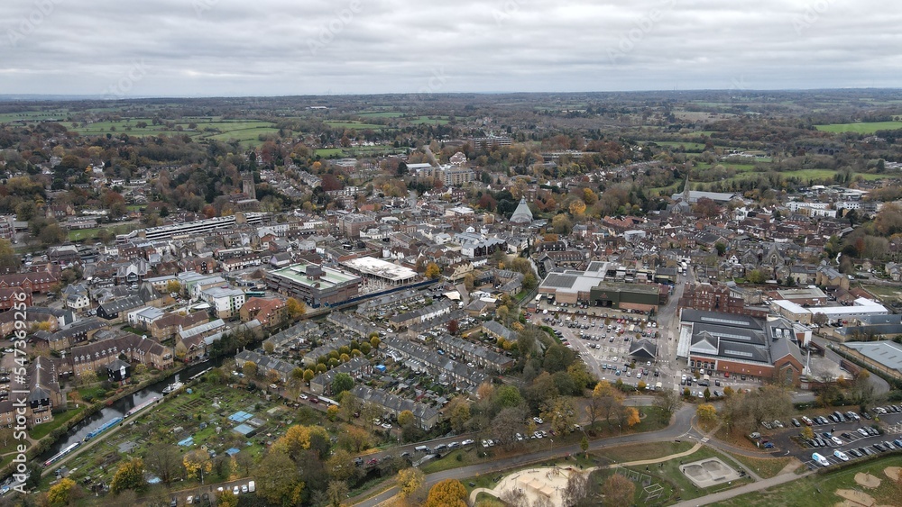 Hertford , town centre Hertfordshire Uk town aerial drone view .