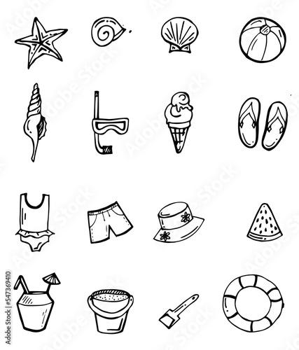 Children summer beach. Set of elements. Holidays family vacation on beach. Sea or lake. For children to relax and have fun. Outline hand drawn sketch. Drawing with ink. Isolated on white background