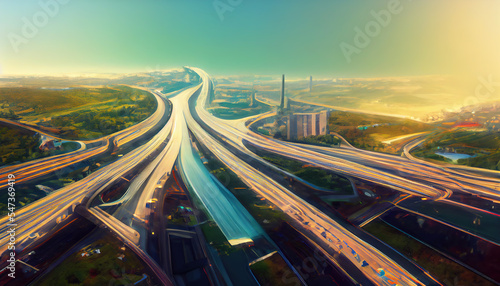 Abstract futuristic city with ultra speed highways, generative ai illustration