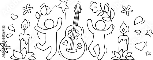 Cinco de Mayo background and happy people with flowers, guitar