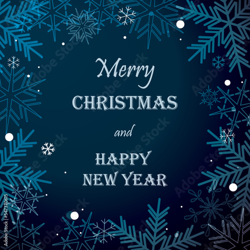 Obraz na płótnie dark blue vector greeting card with snowflakes - merry christmas and happy new year w salonie