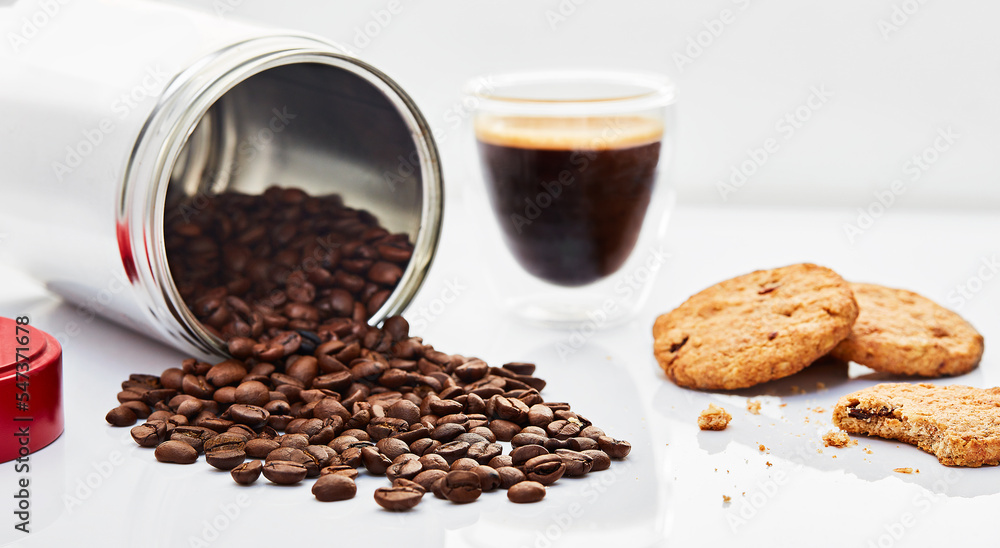 cup of coffee with beans and biscuit cup of coffee with beans and biscuit