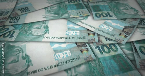 Brazilian Real 100 BRL banknote surface. Flying over Brazil money note. 3D abstract concept of business, inflation, economy, finance, crisis and banking.