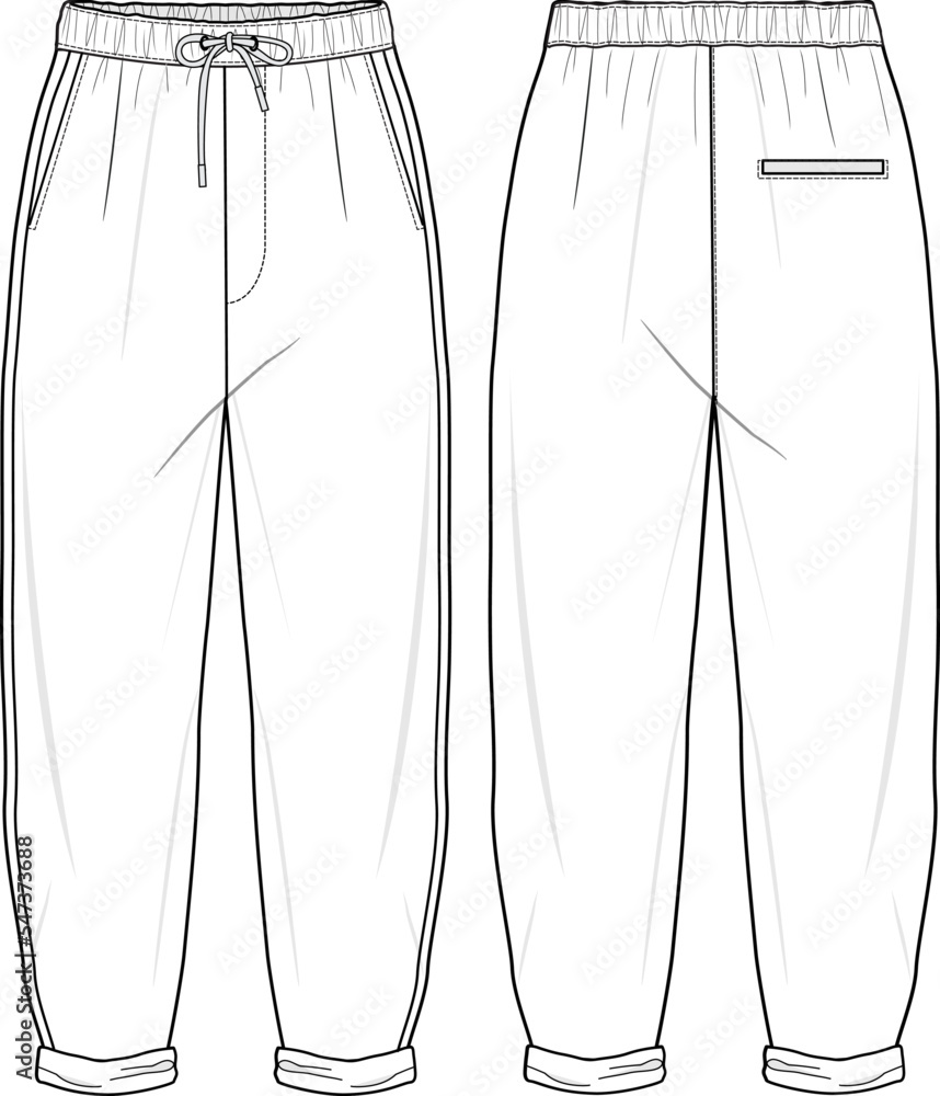 MEN AND BOYS WEAR TRACK JOGGERS AND TROUSERS TECHNICAL FLAT DESIGN VECTOR