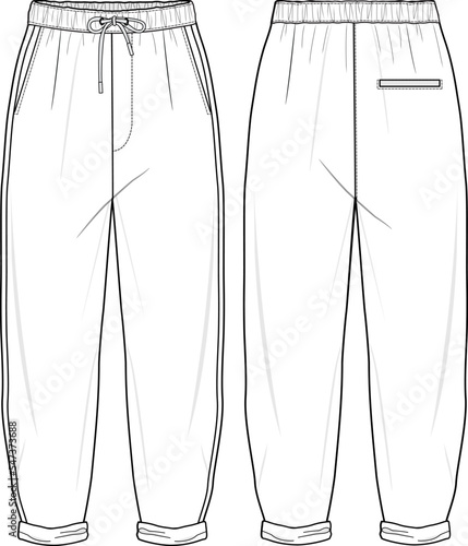 MEN AND BOYS WEAR TRACK JOGGERS AND TROUSERS TECHNICAL FLAT DESIGN VECTOR