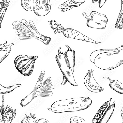 colorless, seamless pattern with various vegetables, tomatoes, leeks, tomatoes, peppers, garlic, asparagus, carrots, cucumbers, peas, eggplants
