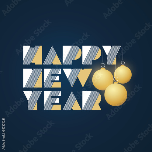 Dark Golden and Blue Retro Style Art Deco Happy New Year Type Scipt Template, Multipurpose Holiday Greetings Typography Design with Christmas Balls, Globes photo