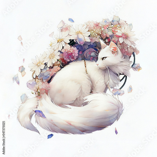 Watercolor of white cat in floral wreath bouquet for invitation cards or cat pets lovers, digital illustration with matte painting photo