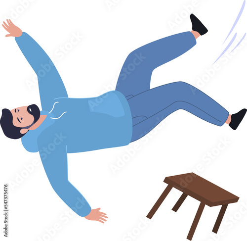 Falling male. Man fell off stool vector isometric dangerous moving risk chair accidental