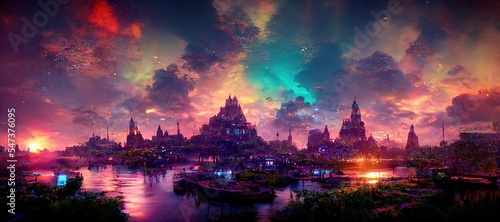 Floating city. waterfall. fantasy. fantasy scenary. 