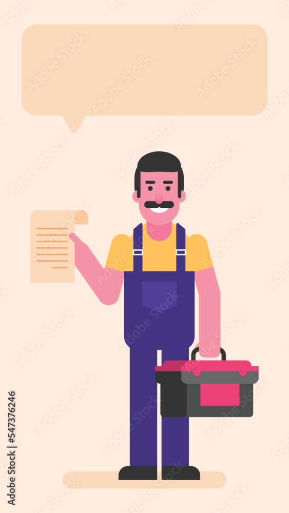 Repairman holding document and suitcase with tools Repairman holding document and suitcase with tools