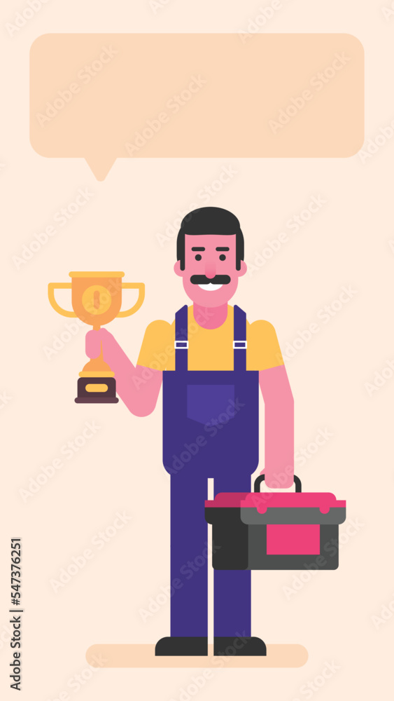 Repairman holding golden cup and suitcase with tools