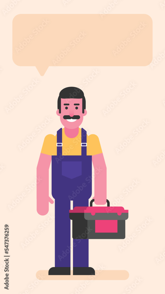Repairman holding suitcase with tools and smiles Repairman holding suitcase with tools and smiles