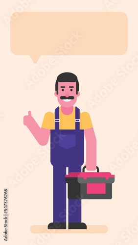 Repairman showing thumbs up and holding suitcase with tools
