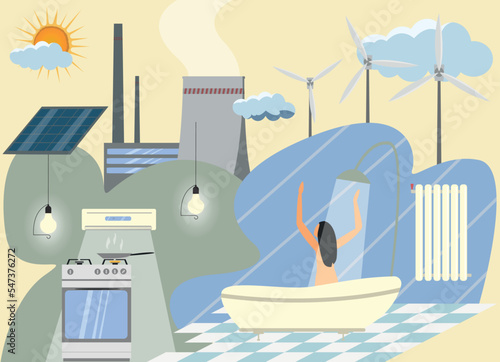 various sources of electricity in the house and ways to obtain energy nuclear, solar and wind power plants vector