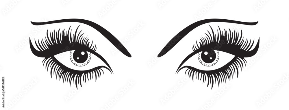 illustration of eyes with perfectly shaped eyebrows and full lashes. Idea for business visit card, typography vector. Perfect salon look.