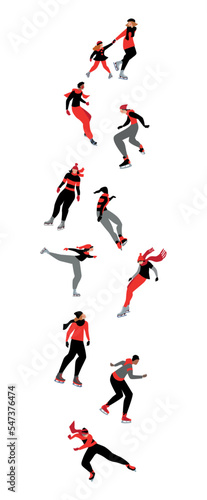 Ice skating vector illustration, characters set of happy figure at Ice rink or on frozen lake.