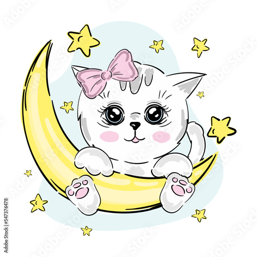Cute cat girl vector illustration. Kitten sitting on the moon, stars. Children's print and poster.