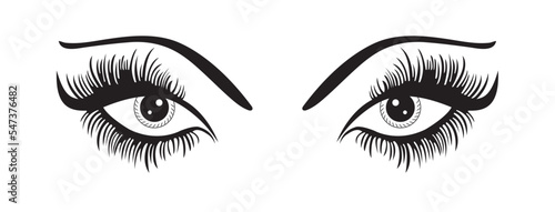 illustration of eyes with perfectly shaped eyebrows and full lashes. Idea for business visit card, typography vector. Perfect salon look.