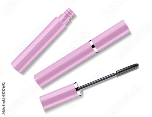 Mascara tube and a wand applicator. Cosmetic bottle with eyelash brush. Isolated on white background. Realistic vector for web design, banners, posters, ad, advertising.