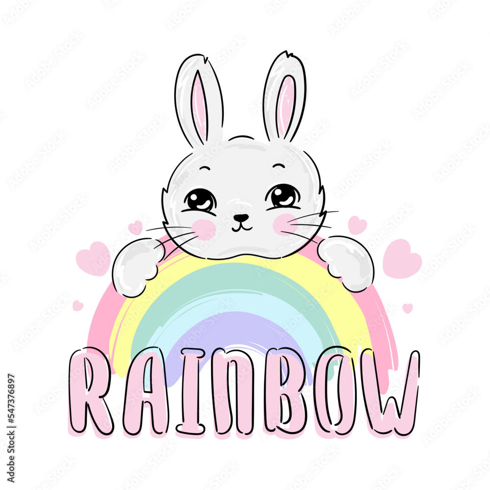 Cute little bunny on rainbow cartoon design print, rabbit vector Cute little bunny on rainbow cartoon design print, rabbit vector