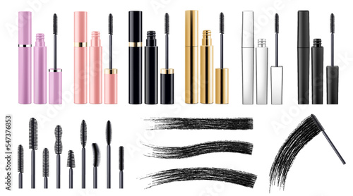 Set of mascara tubes, eyelash brushes and black brush strokes, isolated on white background. Mockups for advertising or magazine page, cosmetic object, beauty concept. Realistic 3d vector.