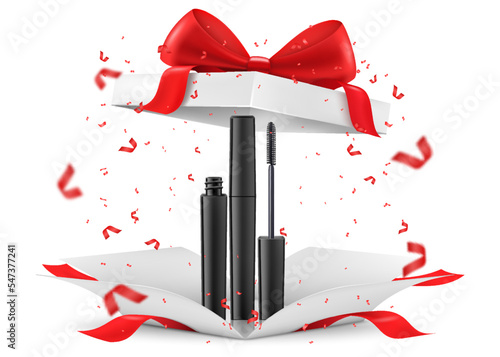 Mascara inside open gift box, isolated on white background. White gift box with cosmetic items. Present, Gift, Surprise concept. 3D rendering Realistic vector illustration