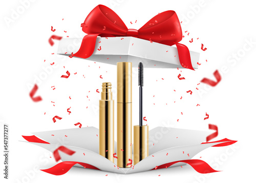 Mascara inside open gift box, isolated on white background. White gift box with cosmetic items. Present, Gift, Surprise concept. 3D rendering Realistic vector illustration