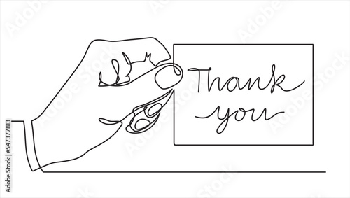 Continuous one line of hand holding card with quote thank you in silhouette on a white background.