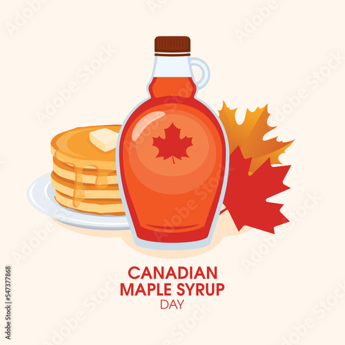 Canadian Maple Syrup Day vector. Bottle of syrup and maple leaves drawing. Pancakes with maple syrup breakfast still life icon vector. Important day