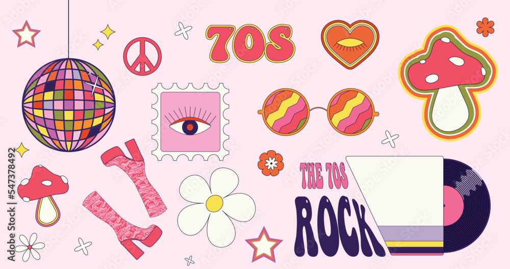 Groovy 70s Vector Sticker Set.  Disco ball, high boots, peace sign, mushrooms, hippies, vinyl record and round glasses.