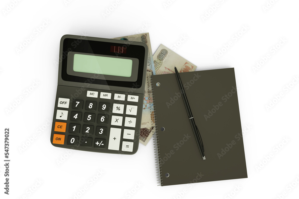 3D rendering of a composition of Guatemalan quetzal notes, a calculator, a note book and a pen isolated on white background. Tax background design concept 3D rendering of a composition of Guatemalan quetzal notes, a calculator, a note book and a pen isolated on white background. Tax background design concept