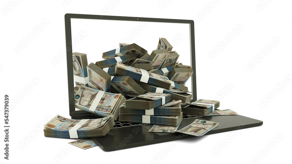 3D rendering of Guatemalan quetzal notes coming out of a Laptop monitor isolated on white background. stacks of Guatemalan quetzal notes inside a laptop. money from computer, money from laptop 3D rendering of Guatemalan quetzal notes coming out of a Laptop monitor isolated on white background. stacks of Guatemalan quetzal notes inside a laptop. money from computer, money from laptop